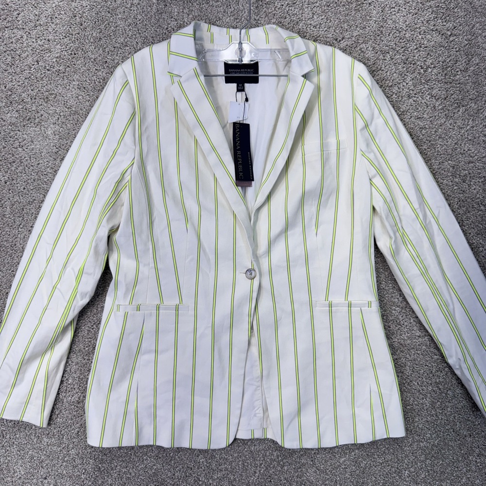Banana Republic Blazer Womens 12 Long and Lean White Neon Striped NEW